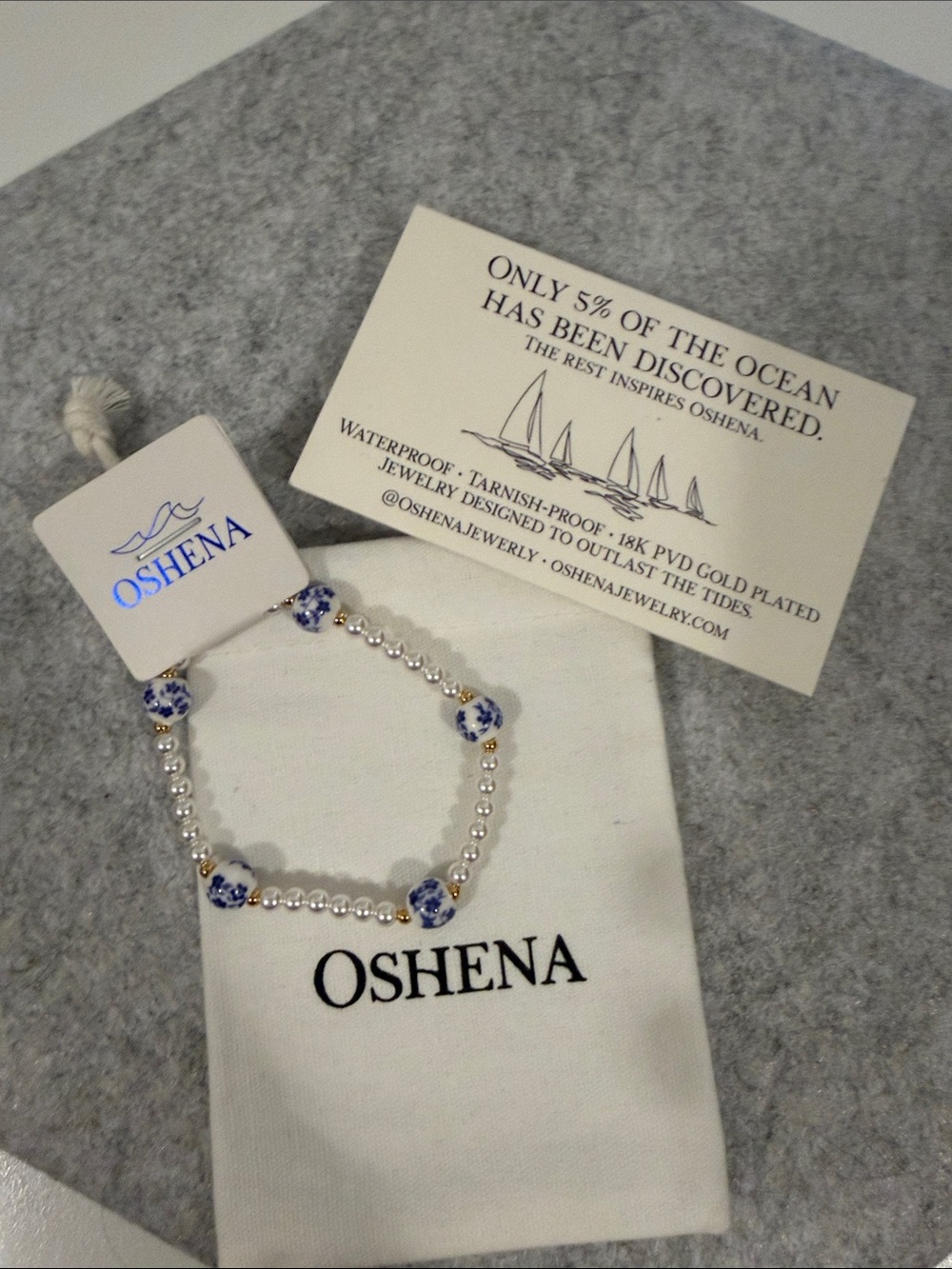 Blue & White Beaded Pearl Stretch Bracelet